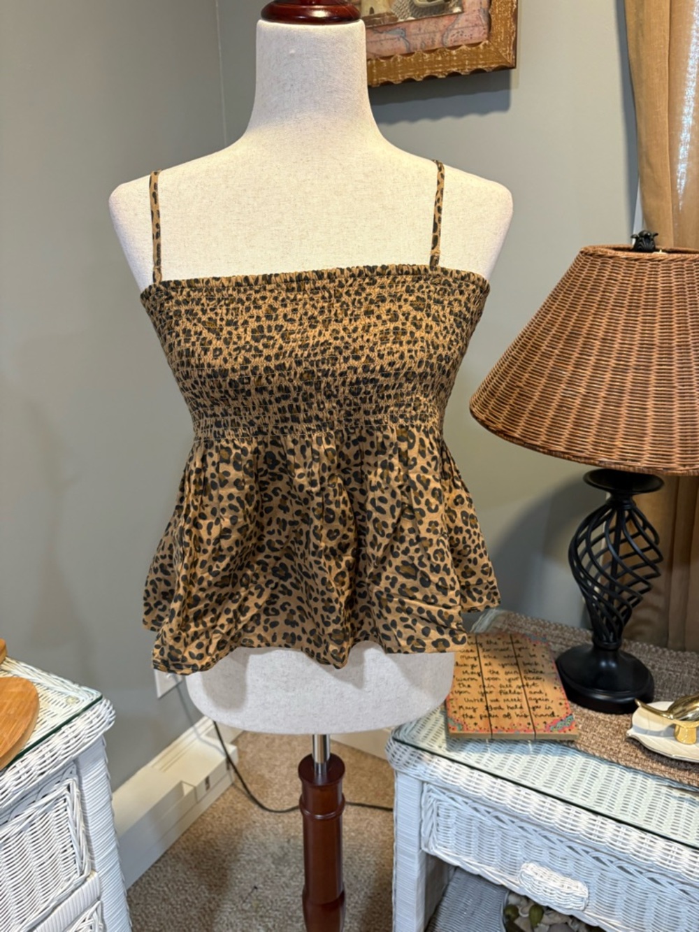 American Eagle Outfitters Leopard Smocked Peplum Tank - Brown/Black